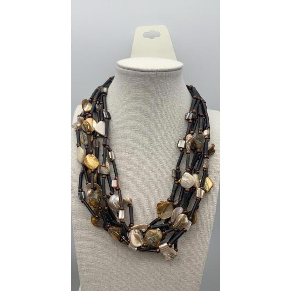 NWT Coldwater Creek Multi‎ Layered Great Fall Browns Wood & Shell Necklace
